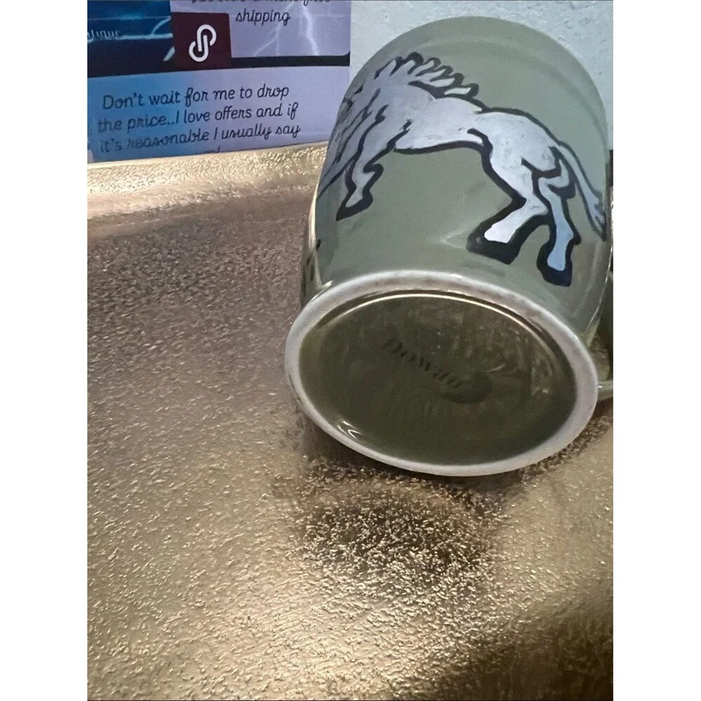 #2240**Hand painted Green Ceramic Mug W/ Silver White Horse Thunder (WHT)